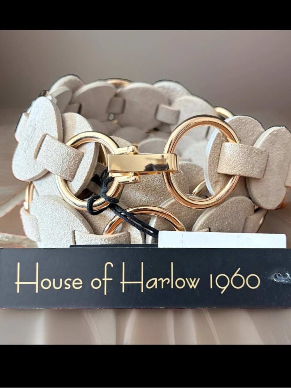 House of Harlow Suede Beige/Gold Wide Chain Belt Adjustable Buckle NWT